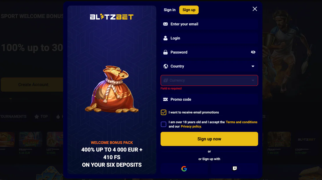 BlitzBet Casino account registration step-by-step process